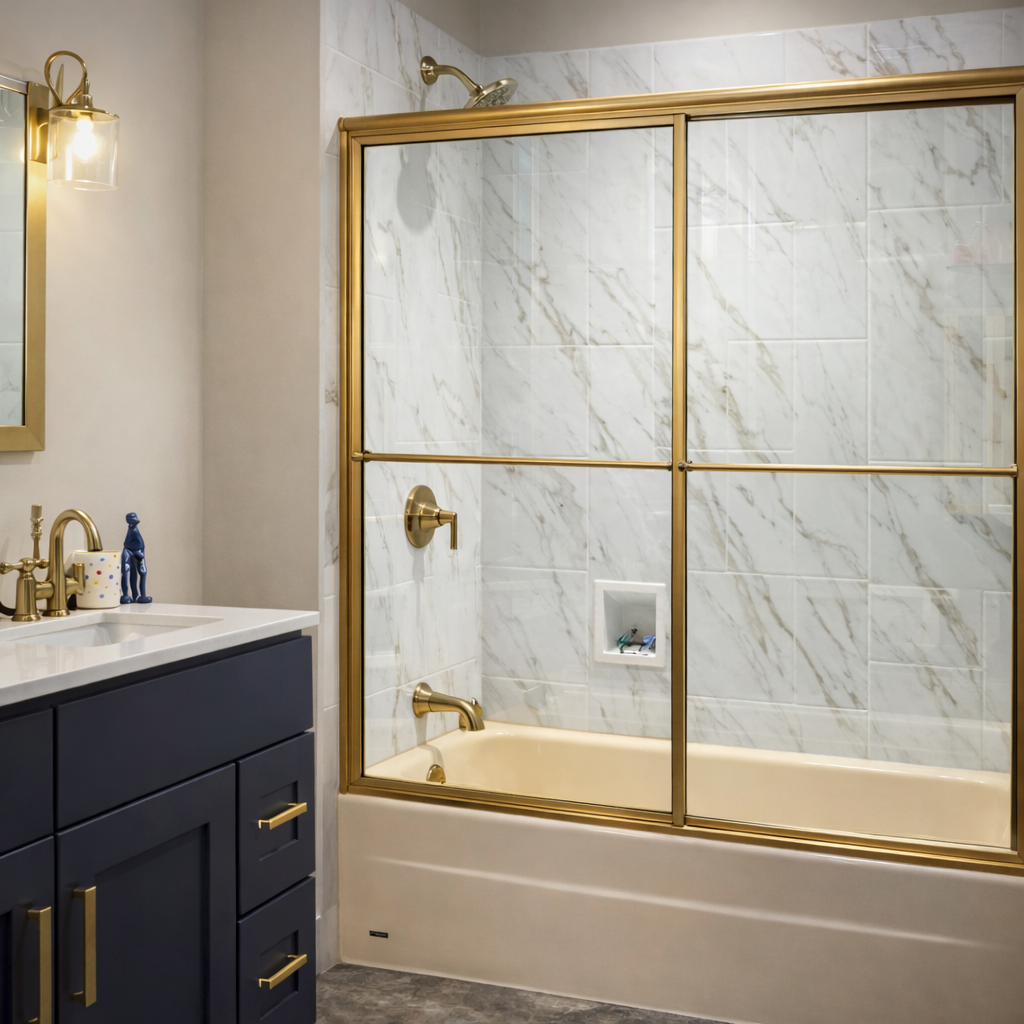 Example of a standard acrylic surround shower system with visible seams and limited finish options