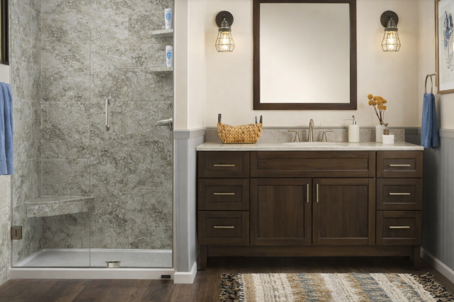 Example of a prefabricated panel shower system with faux stone texture and generic appearance