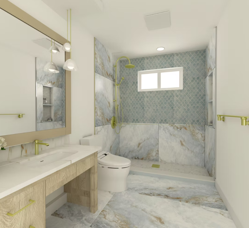 Full bathroom renovation with walk-in shower and half-wall glass enclosure, installed for a Seattle homeowner